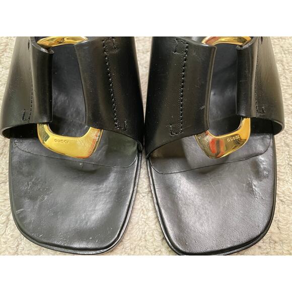 Gucci Black Leather Gold Buckle Slides Mules 9 Box EUC Sandals Shoes COA - Picture 5 of 16